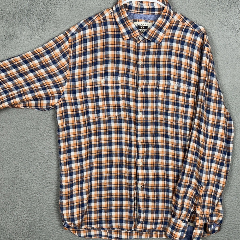Joseph Abboud Shirt Mens XL Plaid Orange Blue Button Down 100% Linen Long Sleeve